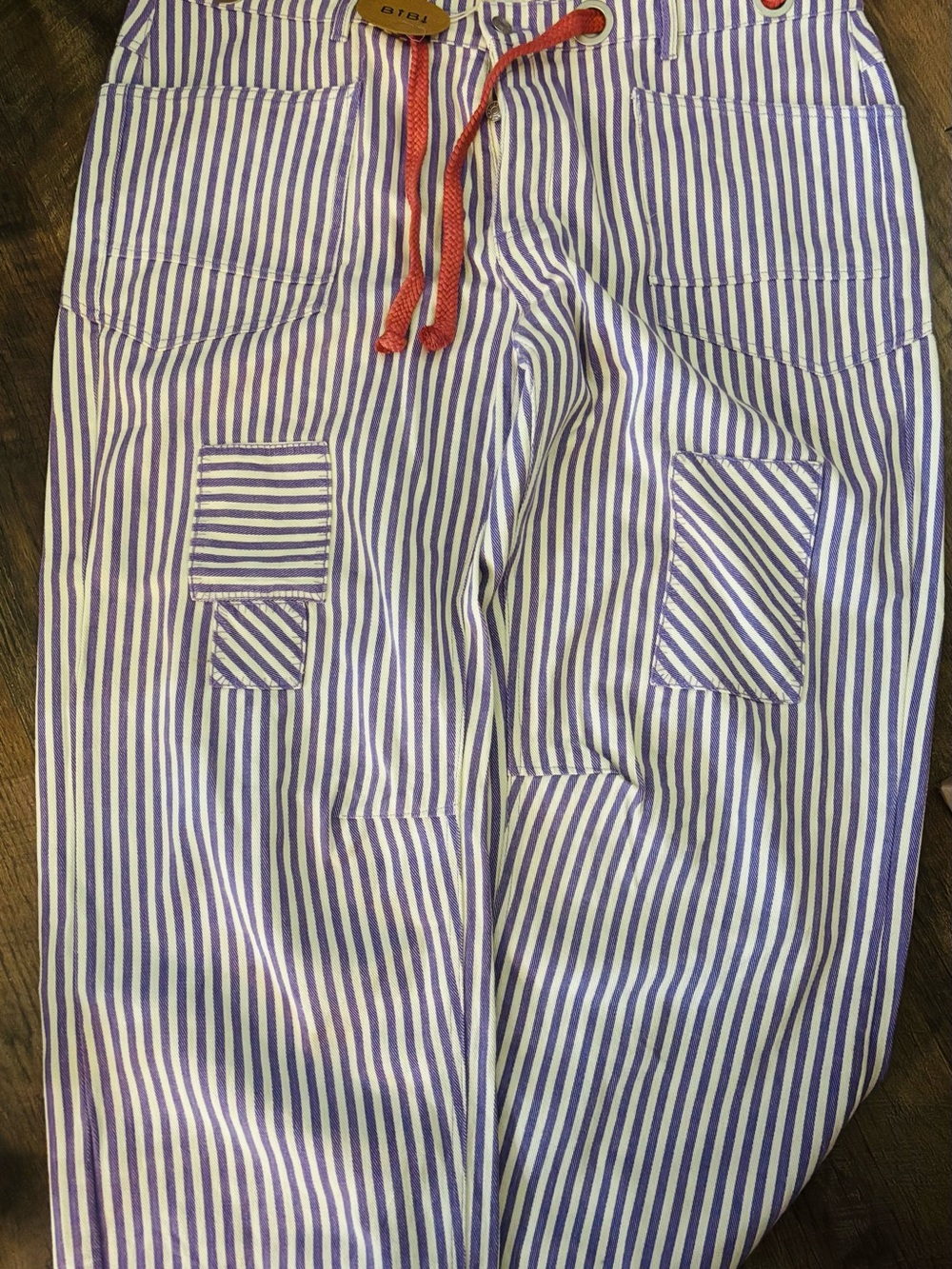 BiBi Purple & White Striped Wide Leg Pants with coral Drawcord